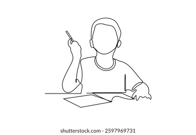 Continuous line of schoolboy raising his hand and pencil, idea and school, Continuous single line drawing. Happy boy, girl sitting in class raises hand. Vector illustration.