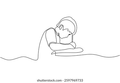 Continuous line of schoolboy raising his hand and pencil, idea and school, Continuous single line drawing. Happy boy, girl sitting in class raises hand. Vector illustration.