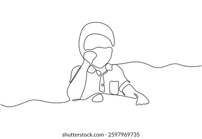 Continuous line of schoolboy raising his hand and pencil, idea and school, Continuous single line drawing. Happy boy, girl sitting in class raises hand. Vector illustration.