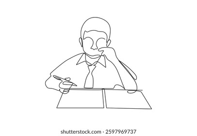 Continuous line of schoolboy raising his hand and pencil, idea and school, Continuous single line drawing. Happy boy, girl sitting in class raises hand. Vector illustration.