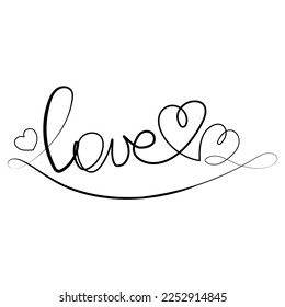 Continuous line script cursive text love with hearts Vector Liner illustration.Lettering for poster,card,banner valentine's day, wedding.Hand drawn word love Print,emblem,t shirt,romantic design