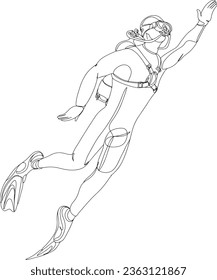 Continuous Line Scuba Diver Underwater - Ocean Exploration Concept, Single Continuous Line Drawing: Sportive Man Scuba Diving in the Sea