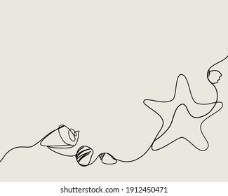 Continuous line, sea shore with seashells. Drawing of set Beach. (Vector illustration one line drawing)