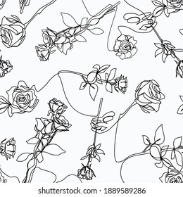 Continuous Line seamless pattern flowers. Floral roses pattern for print, invitations, cards,  gift wrap, manufacturing,  fabric, wallpapers, textile, etc. Continuous line trendy Vector illustration.