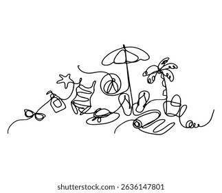 Continuous line, seaside resort holiday. Beach set drawing. Vector illustration, one line drawing