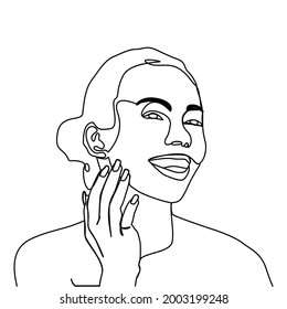 línea continua La belleza semidesnuda se rió y apartó la mirada. sobre un fondo blanco
