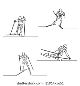 Continuous line set of Skiers. One line drawing. Vector.