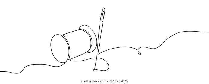 Continuous line, sewing needle and thread spool Vector lines, cut background.
