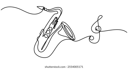 continuous line sexophone.orchestral music equipment one line drawing.single line vector illustration.isolated white background, Saxophone Continuous Line Icon, Saxophone.