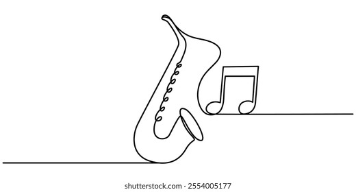 continuous line sexophone.orchestral music equipment one line drawing.single line vector illustration.isolated white background, Saxophone Continuous Line Icon, Saxophone.