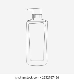 Línea continua, botellas de champú. Dibujo del objeto establecido. (Dibujo de la ilustración del vector con un plano de línea)