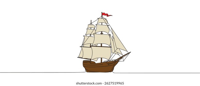 continuous line ship. pirate ship drawn with one line. old vessel. vector illustration.