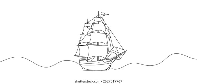 continuous line ship. pirate ship drawn with one line. old vessel. vector illustration.