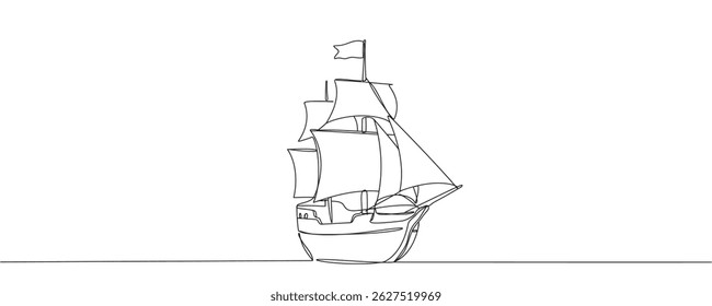 continuous line ship. pirate ship drawn with one line. old vessel. vector illustration.
