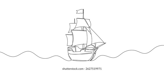continuous line ship. pirate ship drawn with one line. old vessel. vector illustration.