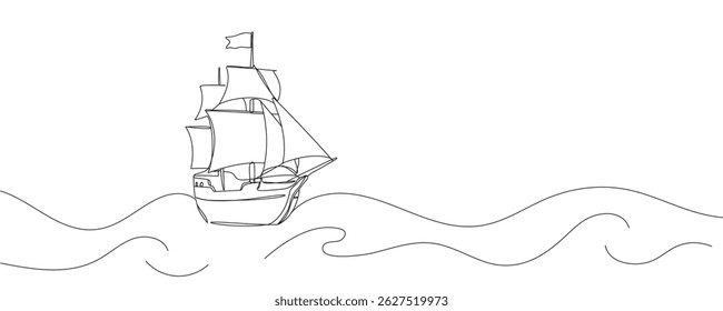 continuous line ship. pirate ship drawn with one line. old vessel. vector illustration.