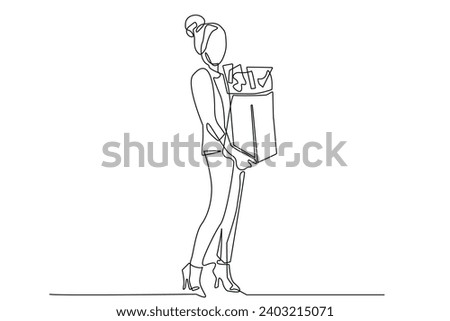 continuous line of shopping woman.drawing one line of standing woman holding a paper bag with the contents of daily products.choosing the quality of goods while shopping at the super market