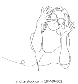 Continuous line, Shouting Girl In Glasses Posing. Drawing of set Fashion beauty. (Vector illustration one line drawing)