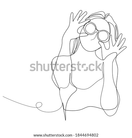 Continuous line, Shouting Girl In Glasses Posing. Drawing of set Fashion beauty. (Vector illustration one line drawing)