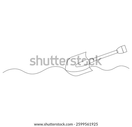 Continuous line of shovel.One line drawing of shovel,white background Continuous single line sketch drawing of shovel used in agricultural and plantation work activities, one line vector illustration.