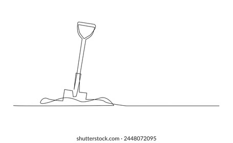 continuous line of shovel and pile of soil.one line drawing of shovel used in agricultural and plantation work.isolated white background