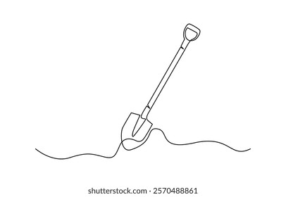 Continuous line of shovel and pile of soil.one line drawing of shovel, Continuous single line sketch drawing of shovel used in agricultural and plantation work activity one line vector illustration.