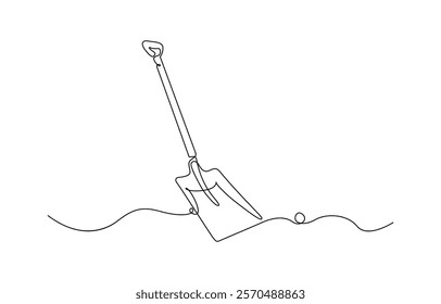 Continuous line of shovel and pile of soil.one line drawing of shovel, Continuous single line sketch drawing of shovel used in agricultural and plantation work activity one line vector illustration.