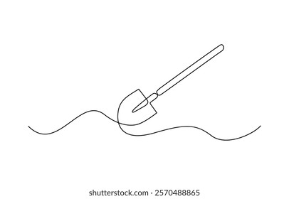 Continuous line of shovel and pile of soil.one line drawing of shovel, Continuous single line sketch drawing of shovel used in agricultural and plantation work activity one line vector illustration.