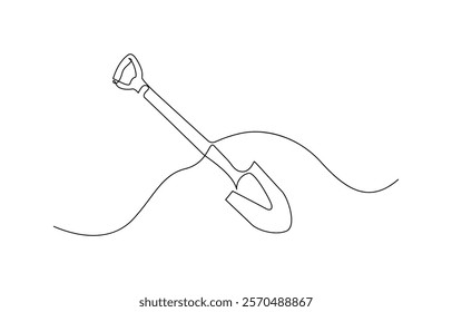 Continuous line of shovel and pile of soil.one line drawing of shovel, Continuous single line sketch drawing of shovel used in agricultural and plantation work activity one line vector illustration.