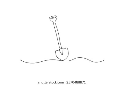 Continuous line of shovel and pile of soil.one line drawing of shovel, Continuous single line sketch drawing of shovel used in agricultural and plantation work activity one line vector illustration.