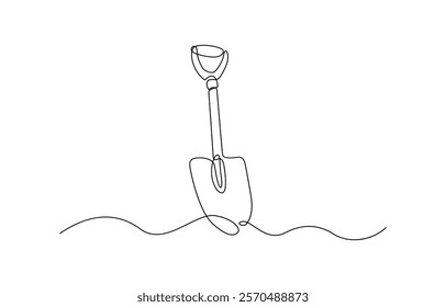 Continuous line of shovel and pile of soil.one line drawing of shovel, Continuous single line sketch drawing of shovel used in agricultural and plantation work activity one line vector illustration.