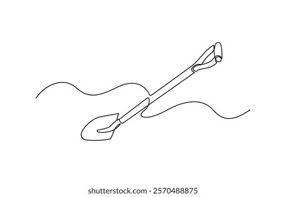 Continuous line of shovel and pile of soil.one line drawing of shovel, Continuous single line sketch drawing of shovel used in agricultural and plantation work activity one line vector illustration.