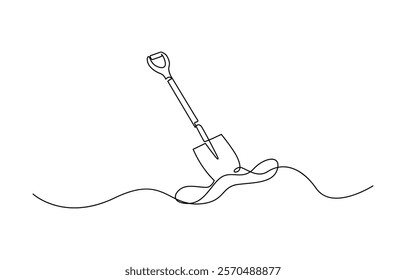 Continuous line of shovel and pile of soil.one line drawing of shovel, Continuous single line sketch drawing of shovel used in agricultural and plantation work activity one line vector illustration.