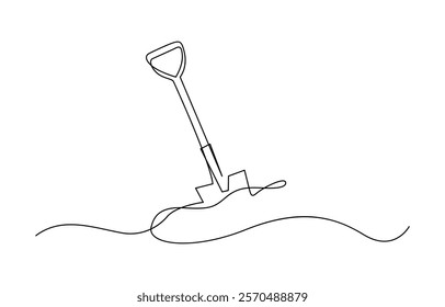 Continuous line of shovel and pile of soil.one line drawing of shovel, Continuous single line sketch drawing of shovel used in agricultural and plantation work activity one line vector illustration.