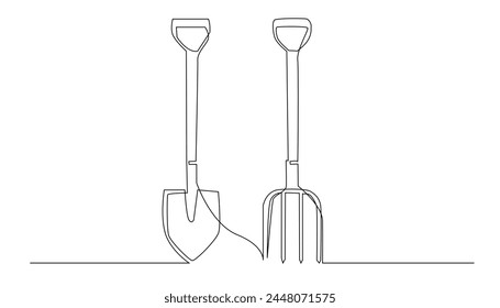 línea continua de pala y rastrillo.una línea de dibujo de pala y rastrillo herramientas para plantación.una línea Vector de herramientas agrícolas