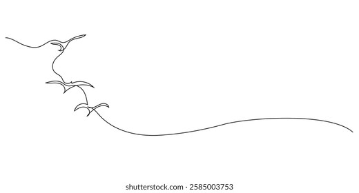 continuous line silhouette of flying birds.one line drawing of a group of shorebirds flying in the sky.minimalist single line vector illustration.isolated white background