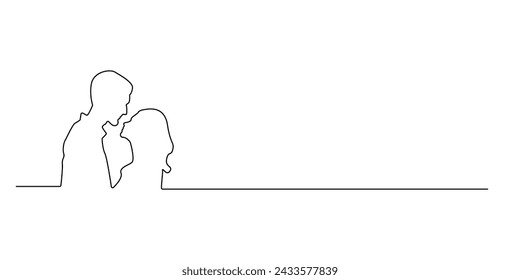 continuous line silhouette of a man and woman kissing.silhouette of a romantic couple drawn in one simple line.minimalist line vector kissing