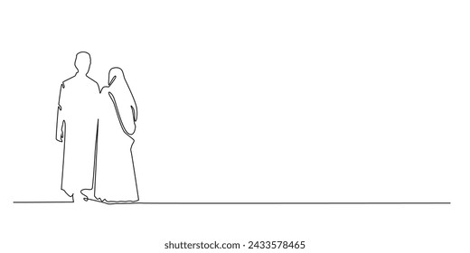 continuous line silhouette of a Muslim man and woman.one line drawing of a romantic couple silhouette.Minimalist single line vector of a Muslim couple