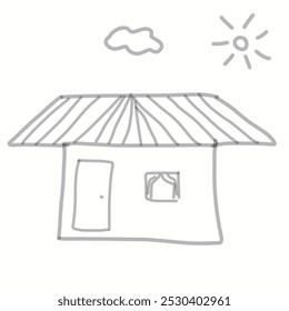 Continuous line simple house with sun and cloud. Single line vector illustration, isolated white background