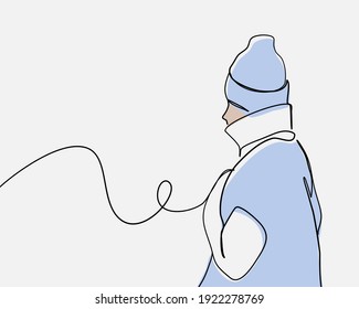 Continuous line, Single or divorced woman alone missing a boyfriend wearing Sweater. Drawing of set Winter. (Vector illustration one line drawing)