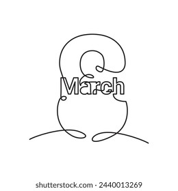 Continuous line or single line drawing March 8th. Vector illustration.