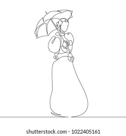 Continuous line single hand drawn girl in a dress with an umbrella