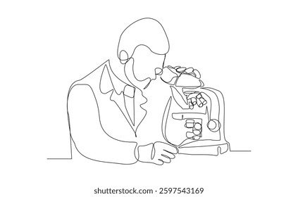 Continuous line single line of man professional scientist microscope science technology for biology research and laboratory microbiology. Sketch drawing editable stroke vector illustration