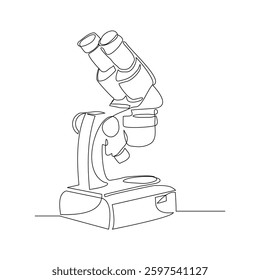 Continuous line single line of microscope science technology for biology research and laboratory microbiology. Sketch drawing editable stroke vector illustration