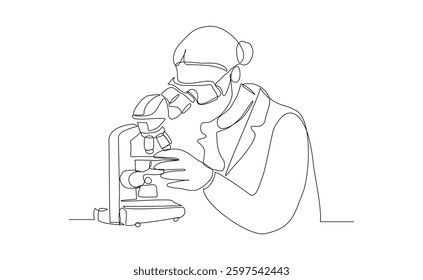Continuous line single line of woman professional scientist microscope science technology for biology research and laboratory microbiology. Sketch drawing editable stroke vector illustration
