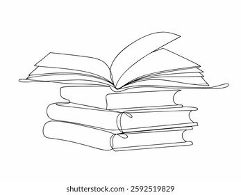 Continuous line sketch of books stack, minimalist black and white art, ideal for design, education, reading.