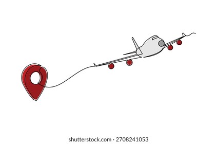 Continuous line sketch drawing of airplane flying from maps pin pointer location. One single line art of holiday travel tourism editable stroke vector illustration