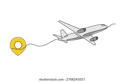 Dibujo de boceto de línea continuo de aviones volando desde la ubicación del puntero de pin de mapas. Una sola línea de arte de turismo de vacaciones Ilustración vectorial editable del golpe