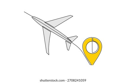 Continuous line sketch drawing of airplane flying from maps pin pointer location. One single line art of holiday travel tourism editable stroke vector illustration