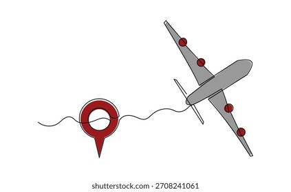 Continuous line sketch drawing of airplane flying from maps pin pointer location. One single line art of holiday travel tourism editable stroke vector illustration